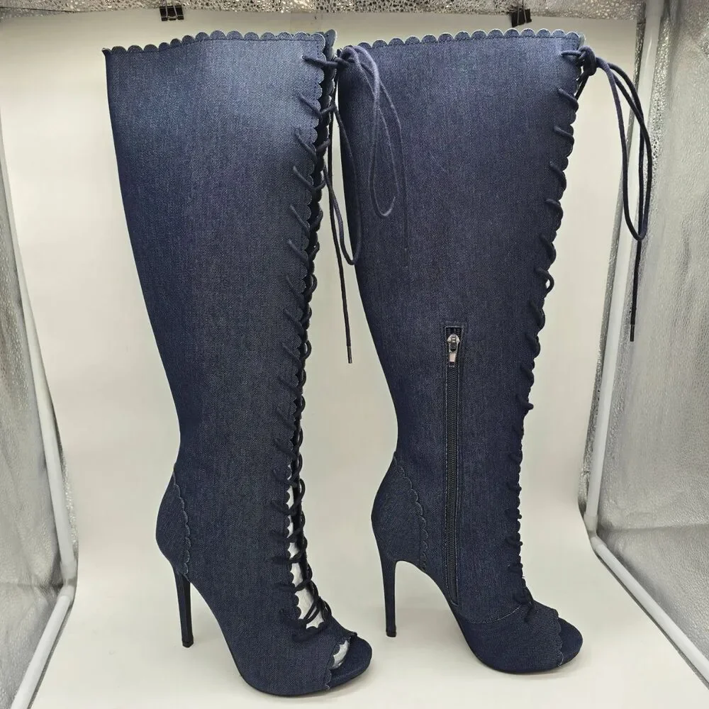 Denim Knee High Boots Size 8.5 | Y2K Festival Statement Heels - Picture 5 of 13